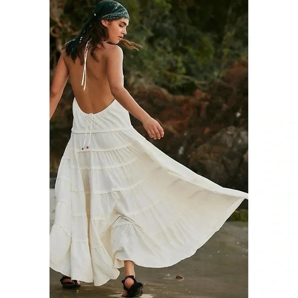 NWT Free People Somewhere Sunny Drop Waist Halter Maxi Dress in White Swan - Picture 1 of 11